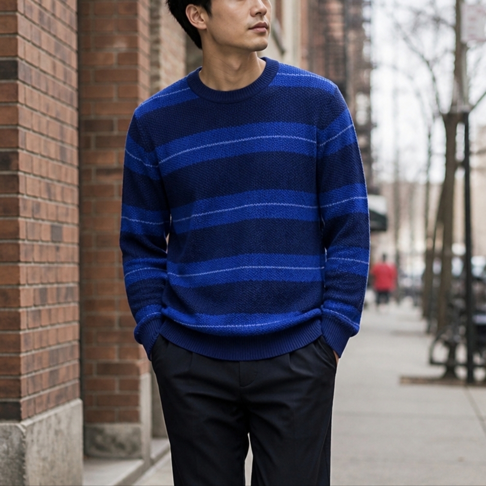 Kit and Ace Merino Wool Blend Crewneck Sweater Blue Striped Size M Soft Knit
